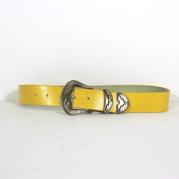 1980’s Lemon Yellow Genuine Leather Belt Small S Vintage Madein Canada Wide Gold - Picture 4 of 8